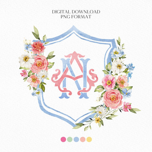 Wildflowers Bright Floral Colorful Watercolor Wedding Crest - Monogram Crest - Floral Watercolor Wedding Crest - Romantic Wedding Crest