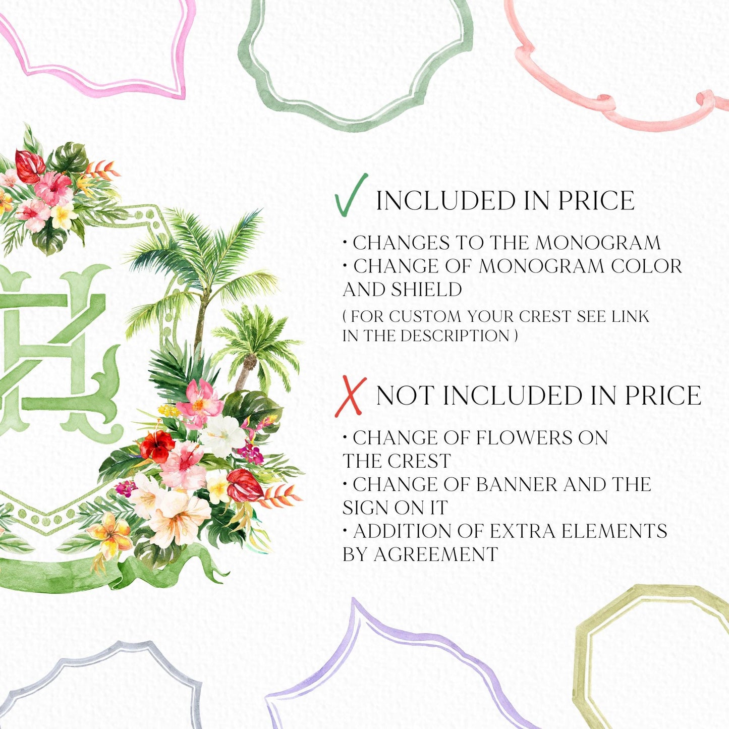 Tropical Palm Watercolor Flowers Wedding Crest - Monogram Crest - Watercolor Palm Springs Wedding Crest - Romantic Wedding
