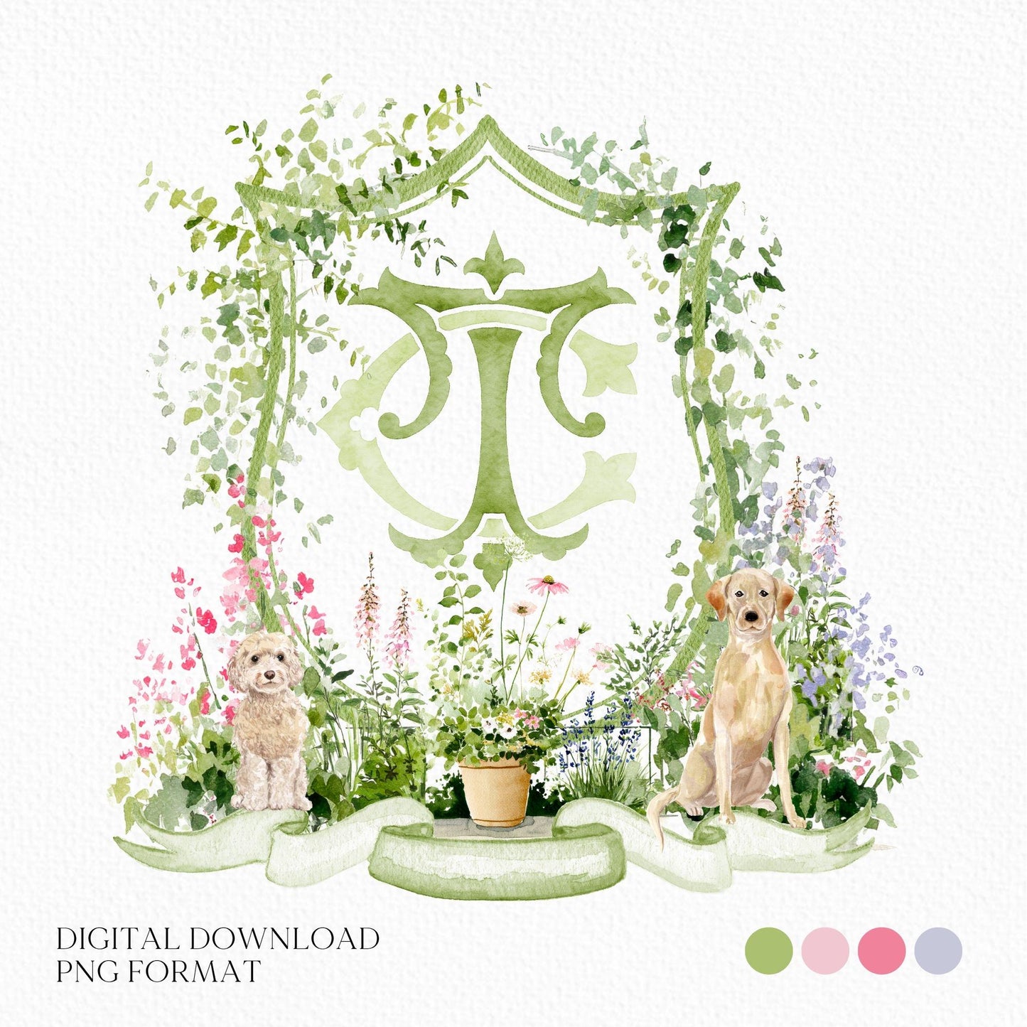 Romantic Garden Flower Wedding Crest - Monogram Crest - Watercolor Colorful Spring Floral Watercolor Wedding Crest - Romantic Wedding Crest