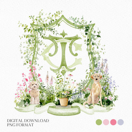 Romantic Garden Flower Wedding Crest - Monogram Crest - Watercolor Colorful Spring Floral Watercolor Wedding Crest - Romantic Wedding Crest