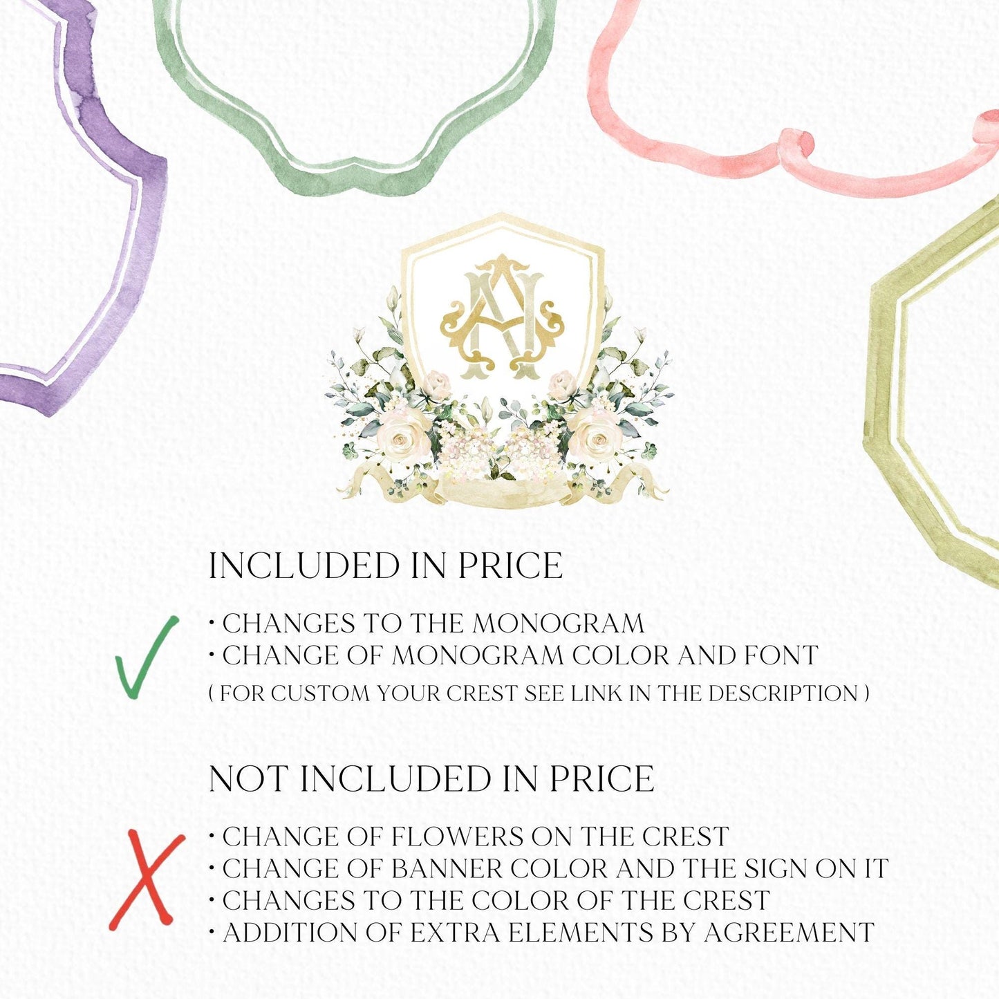 White Rose Greenery White Flower Wedding Crest - Monogram Crest - White Floral Watercolor Wedding Crest - Romantic Wedding Crest