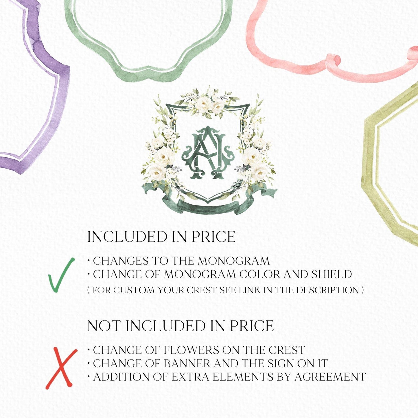 Creamy Rose Ivory Greenery White Flower Wedding Crest - Monogram Crest - White Floral Watercolor Wedding Crest - Romantic Wedding Crest