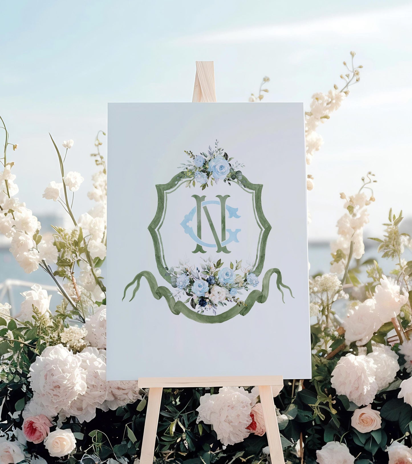 Soft Blue Roses Eucalyptus Flower Wedding Crest - Monogram Crest - Blue Floral Luxury Watercolor Wedding Crest - Romantic Wedding Crest