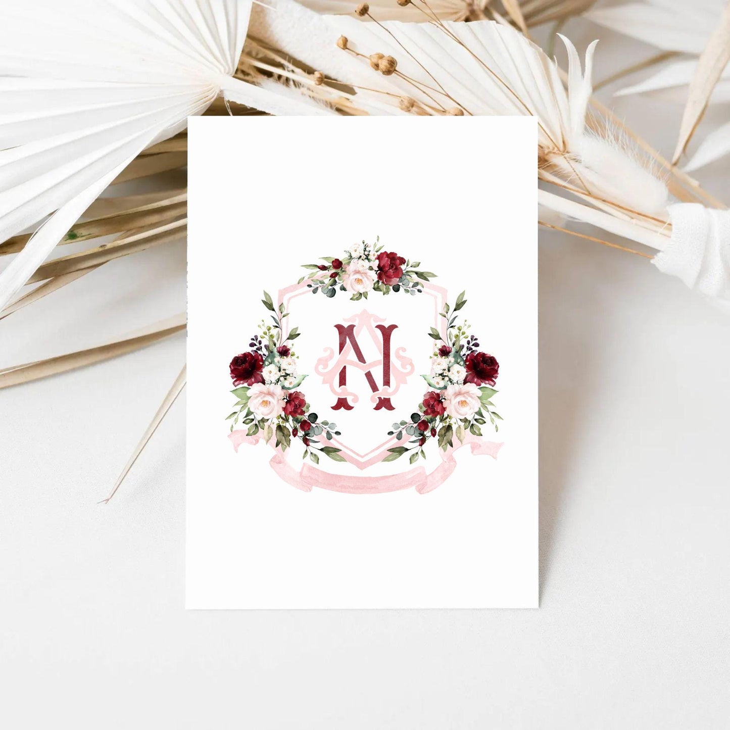 Marsala & Blush Pink Floral Rustic Greenery Flower Wedding Crest - Monogram Crest - Floral Watercolor Wedding Crest - Romantic Wedding Crest