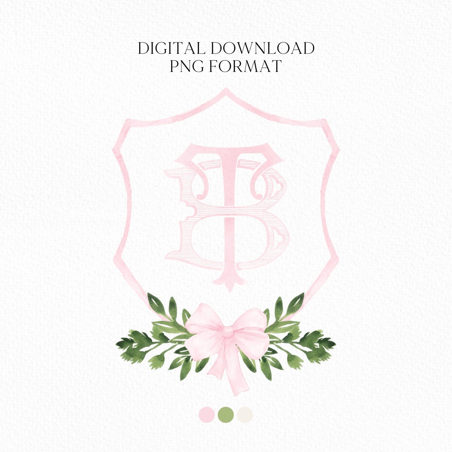 Watercolor Pink Classic Eucalyptus Ribbon Flower Wedding Crest - Monogram Crest -  Luxury Watercolor Wedding Crest - Romantic Wedding Crest