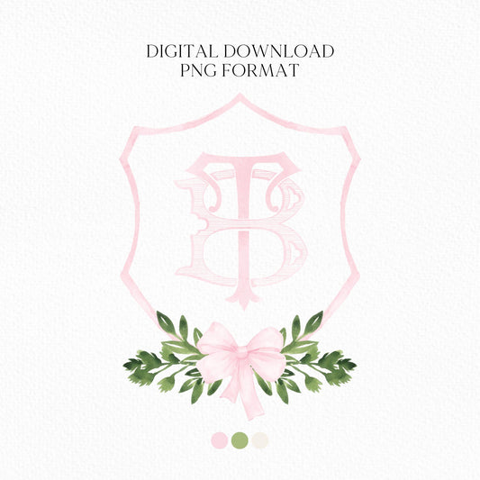 Watercolor Pink Classic Eucalyptus Ribbon Flower Wedding Crest - Monogram Crest -  Luxury Watercolor Wedding Crest - Romantic Wedding Crest