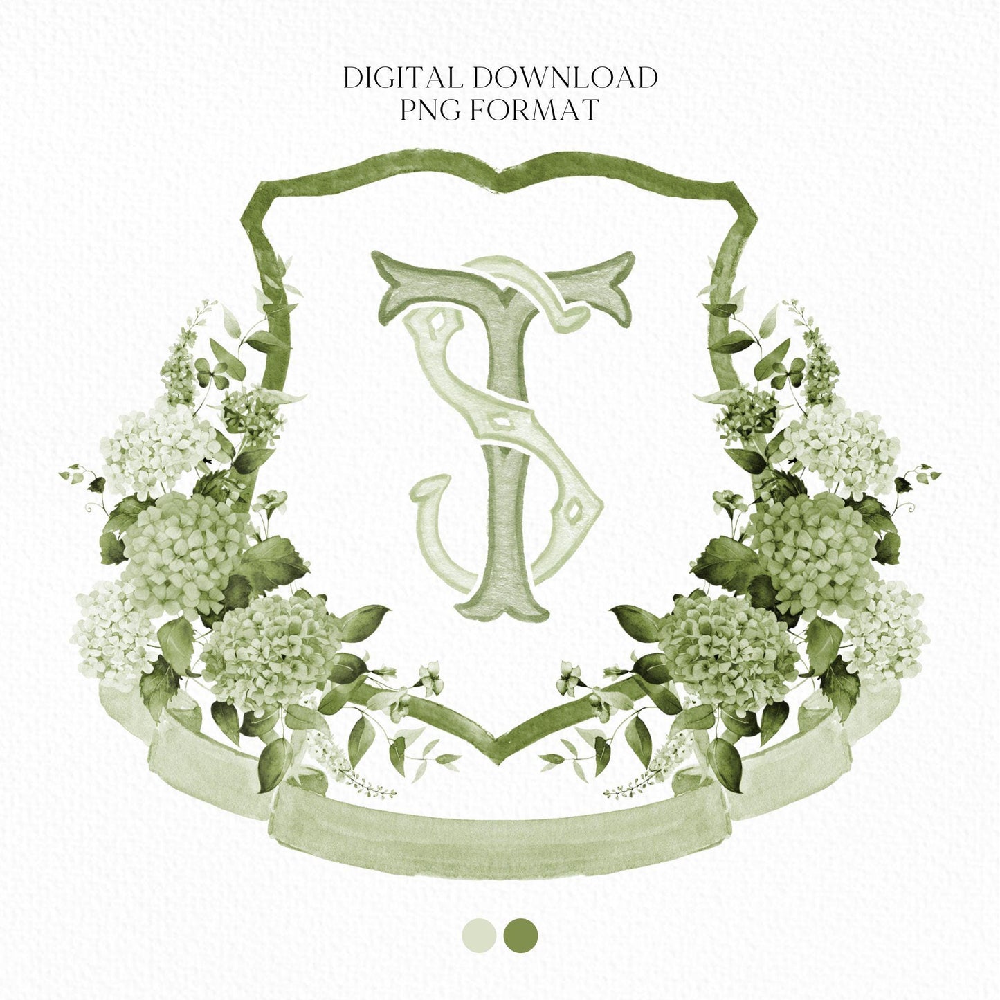 Green Hydrangea Flower Wedding Crest - Monogram Crest - Hydrangea Floral Watercolor Wedding Crest - Romantic Wedding Crest - Boho Hydrangea
