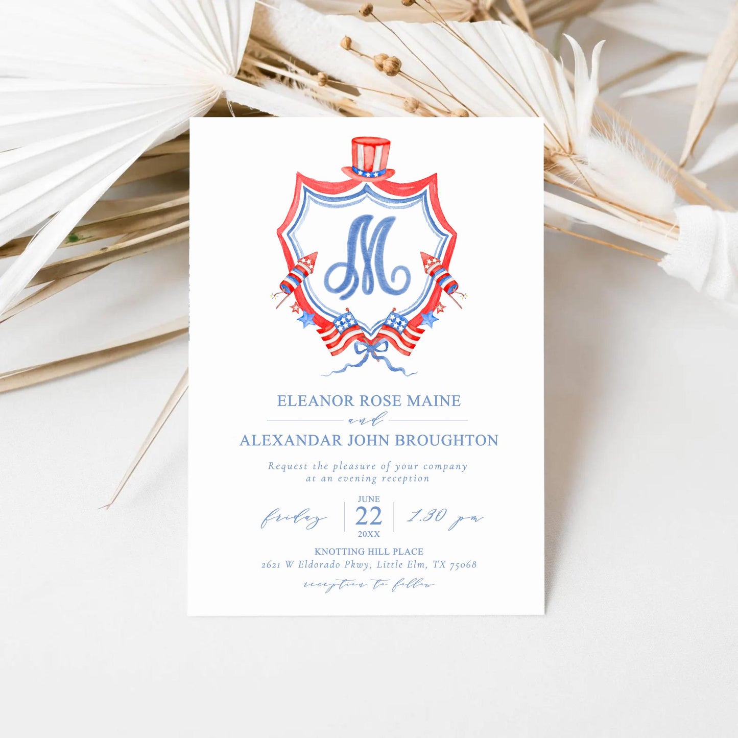 Patriotic 4th July Independence Day Wedding Watercolor Crest - Monogram Crest - Crest USA Watercolor Wedding Crest - Romantic Wedding Crest