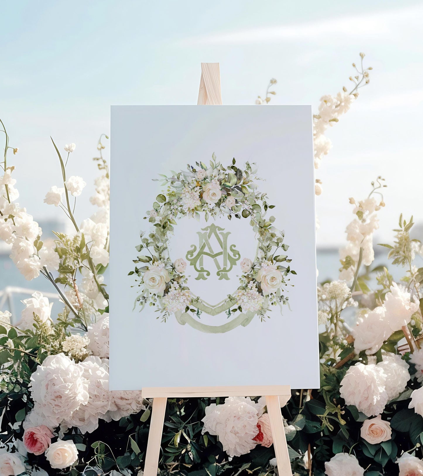 White Roses Eucalyptus Flower Wedding Crest - Monogram Crest - White Floral Luxury Watercolor Wedding Crest - Romantic Wedding Crest