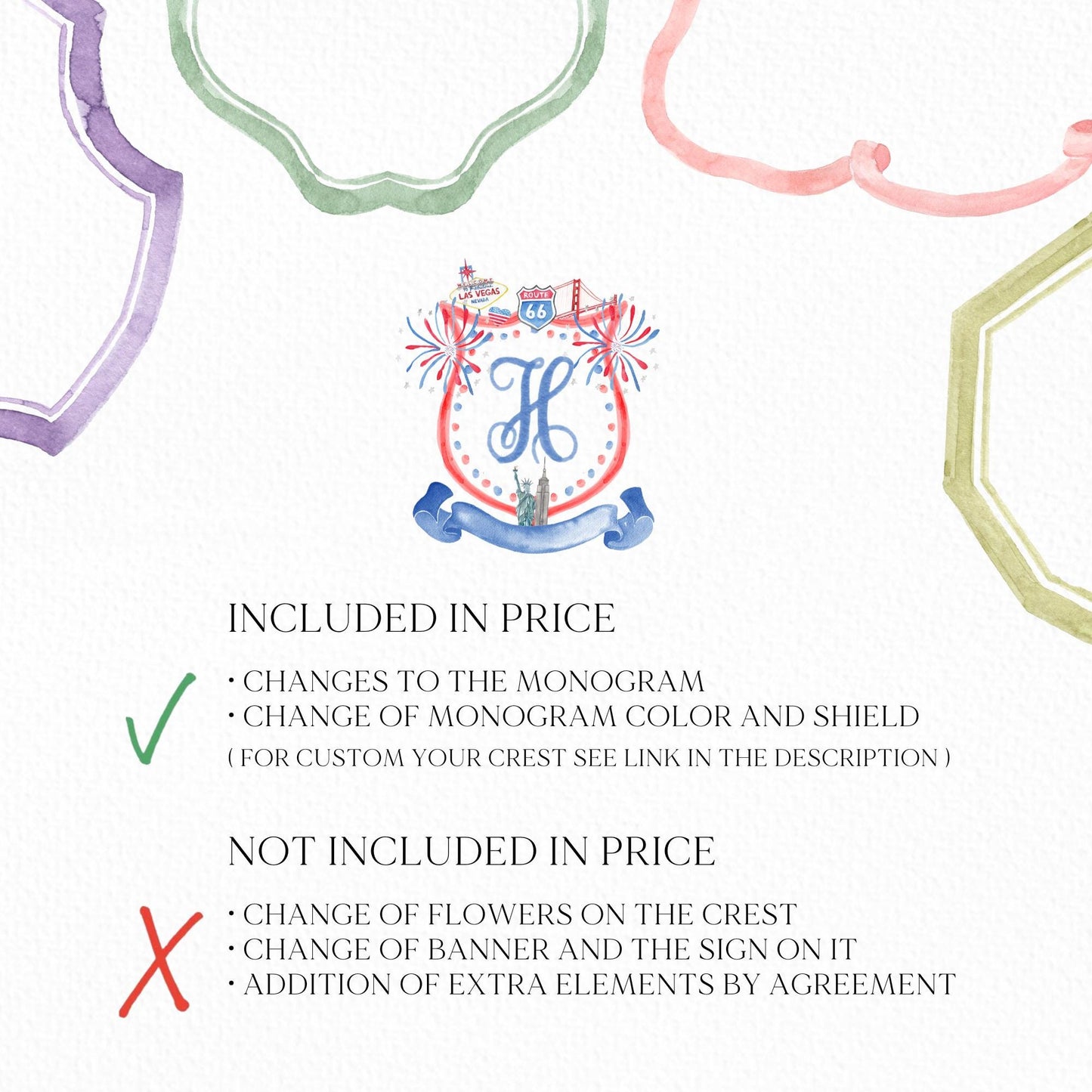Patriotic 4th July Independence Day Wedding Watercolor Crest - Monogram Crest - Crest USA Watercolor Wedding Crest - Romantic Wedding Crest