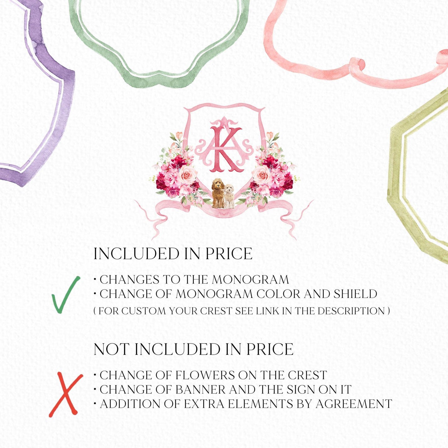 Hot Pink Flower Wedding Crest - Monogram Crest - blush pink Floral Luxury Watercolor Wedding Crest - Romantic Wedding Crest