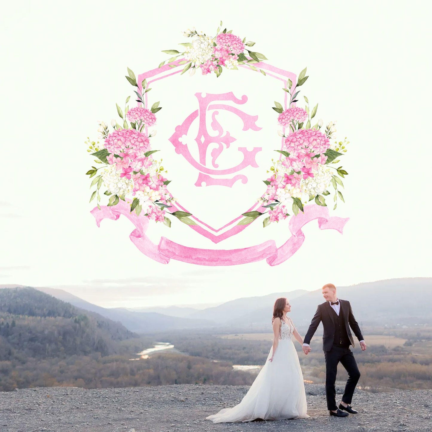 Pink White Hydrangea Flower Wedding Crest - Monogram Crest - Hydrangea Pink Floral Luxury Watercolor Wedding Crest - Romantic Wedding Crest