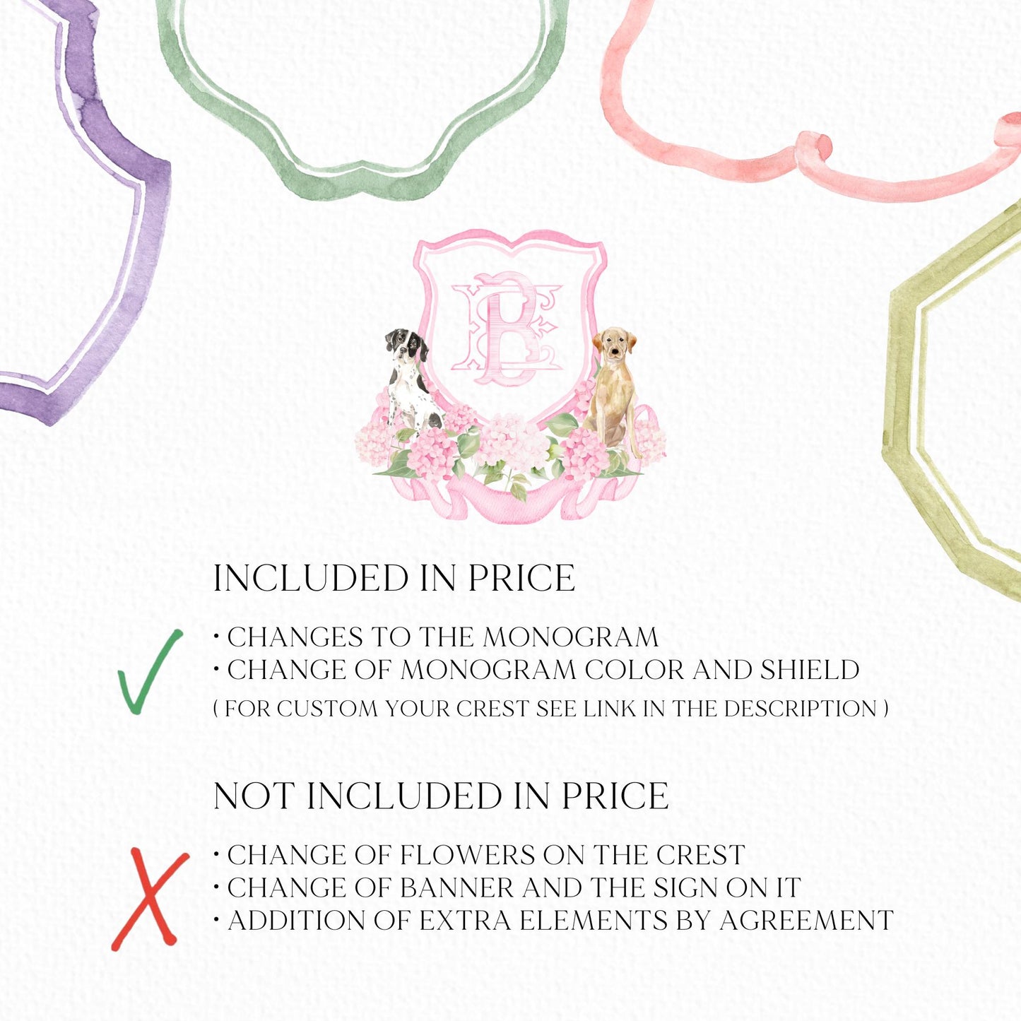 Hydrangea Pink Green Floral Wedding Crest - Monogram Crest - Hydrangea Floral Luxury Watercolor Wedding Crest - Romantic Wedding Crest