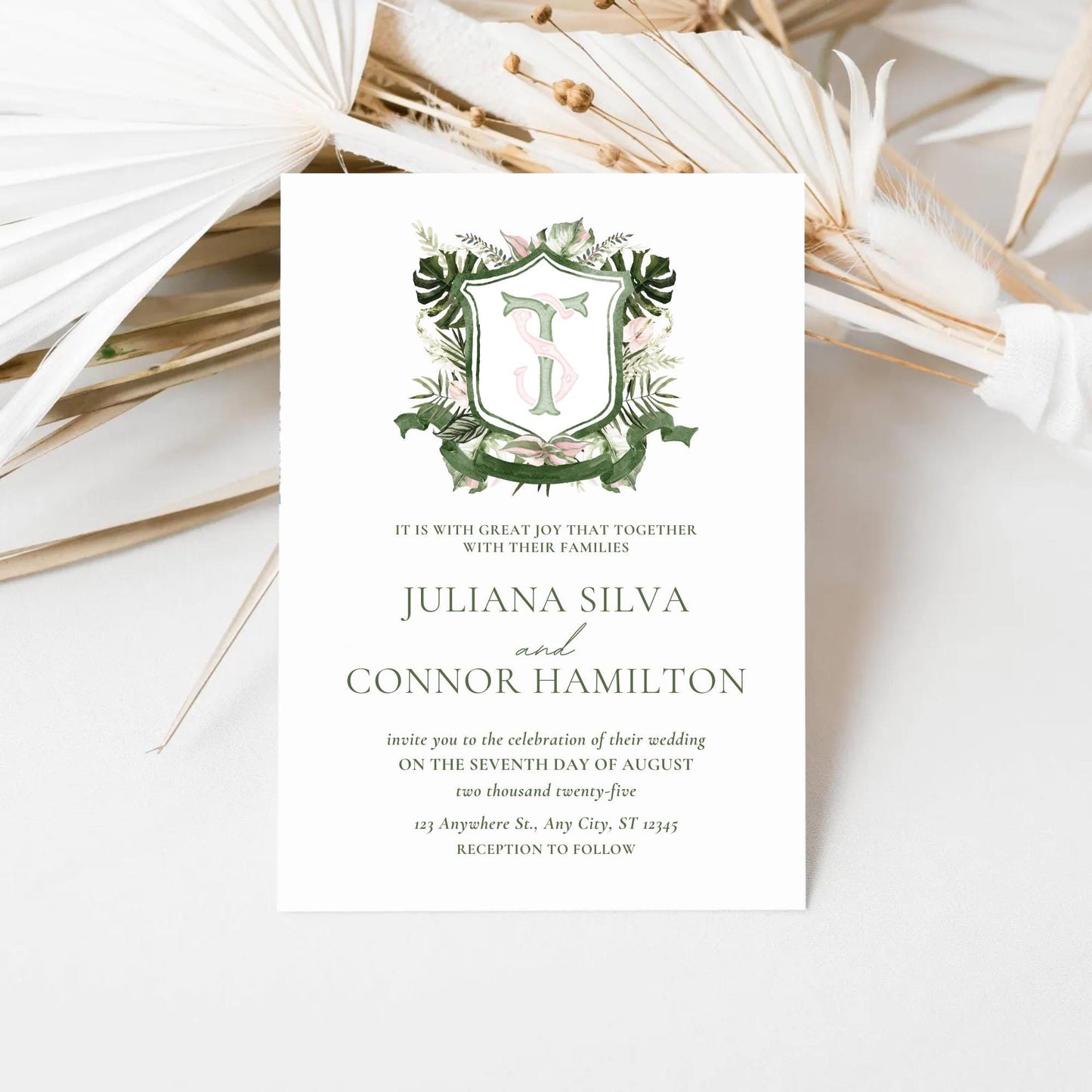 Palm Leaf Greenery Garden Watercolor Wedding Crest - Monogram Crest - Palm leaves Greenery Watercolor Wedding Crest - Romantic Wedding Crest