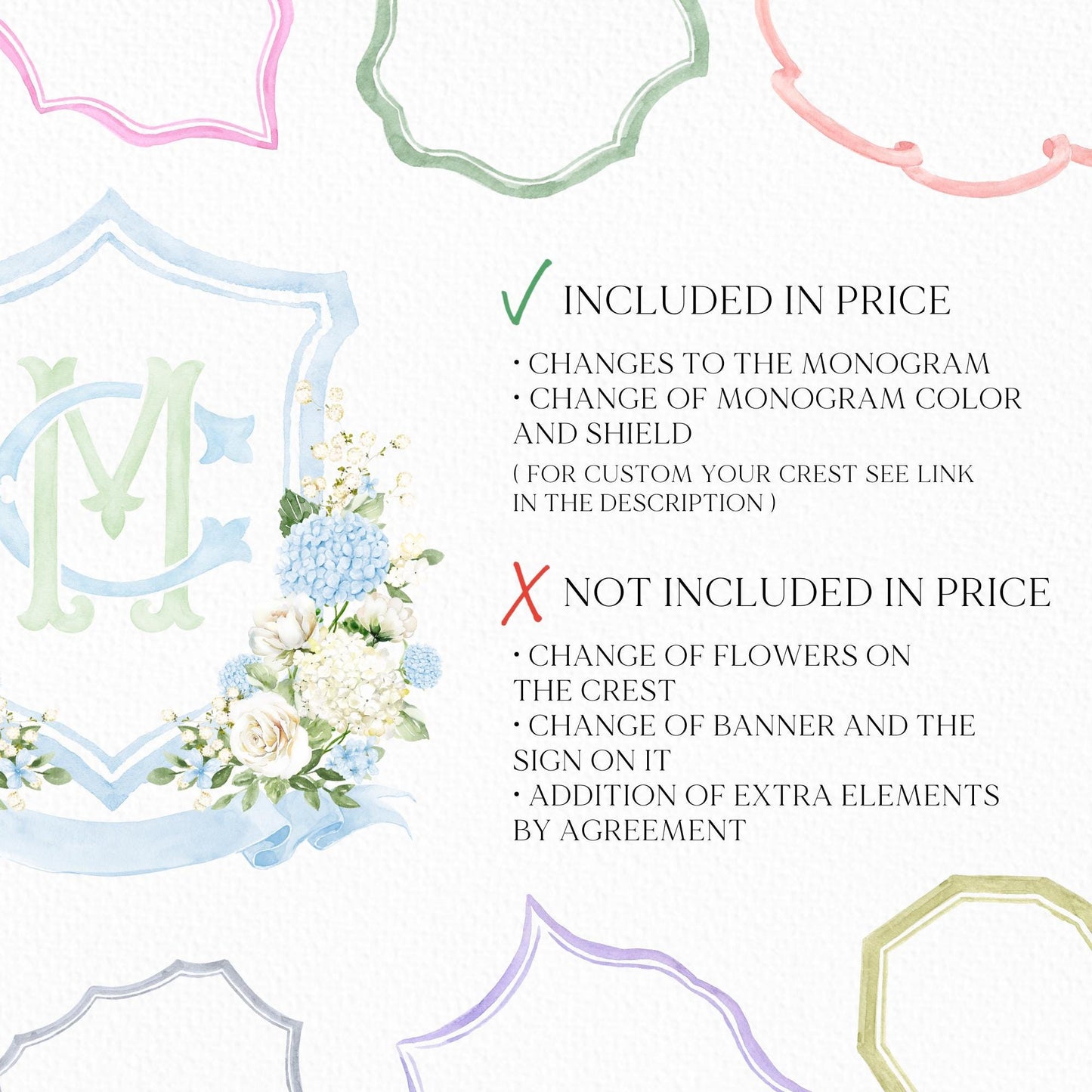 Blue Hydrangea Roses Flower Greenery Wedding Crest - Monogram Crest - White Cream Roses Floral