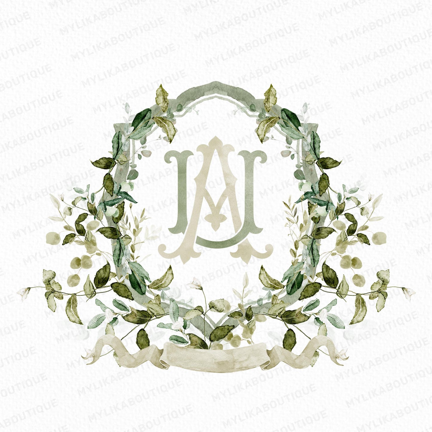Greenery Green Leaves Flower Wedding Crest - Monogram Crest - Greenery Floral Luxury Watercolor Wedding Crest - Romantic Wedding Crest