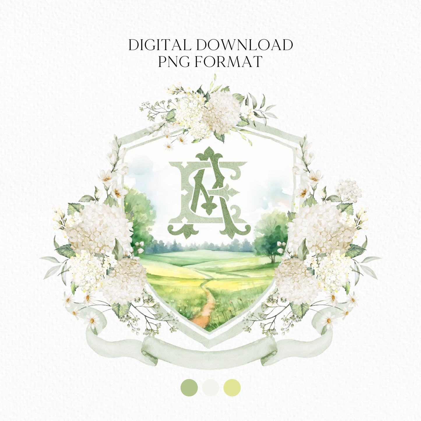 White Cream Hydrangea Flower Wedding Crest - Monogram Crest - Hydrangea Floral Luxury Watercolor Wedding Crest - Romantic Wedding Crest