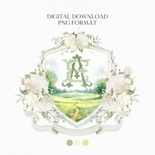 White Cream Hydrangea Flower Wedding Crest - Monogram Crest - Hydrangea Floral Luxury Watercolor Wedding Crest - Romantic Wedding Crest