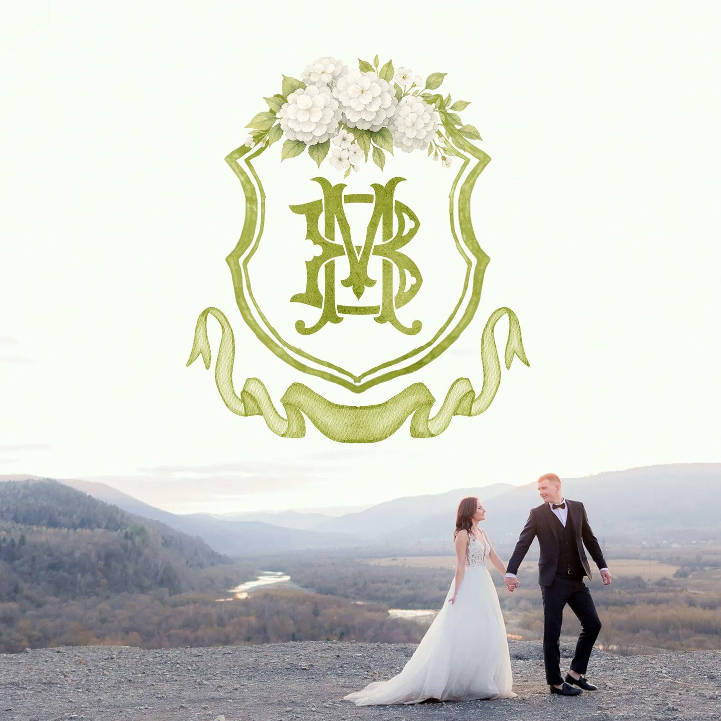White Hydrangea Flower Wedding Crest - Monogram Crest - Hydrangea Floral Watercolor Wedding Crest - Romantic Wedding Crest - Boho Hydrangea