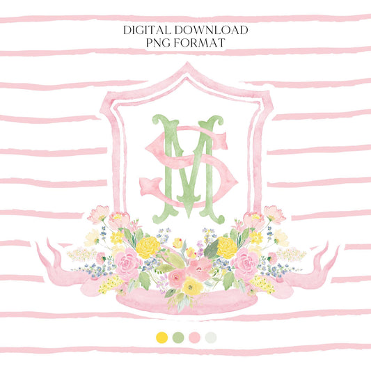Wildflowers Bright Floral Colorful Watercolor Wedding Crest - Monogram Crest - Floral Watercolor Wedding Crest - Romantic Wedding Crest