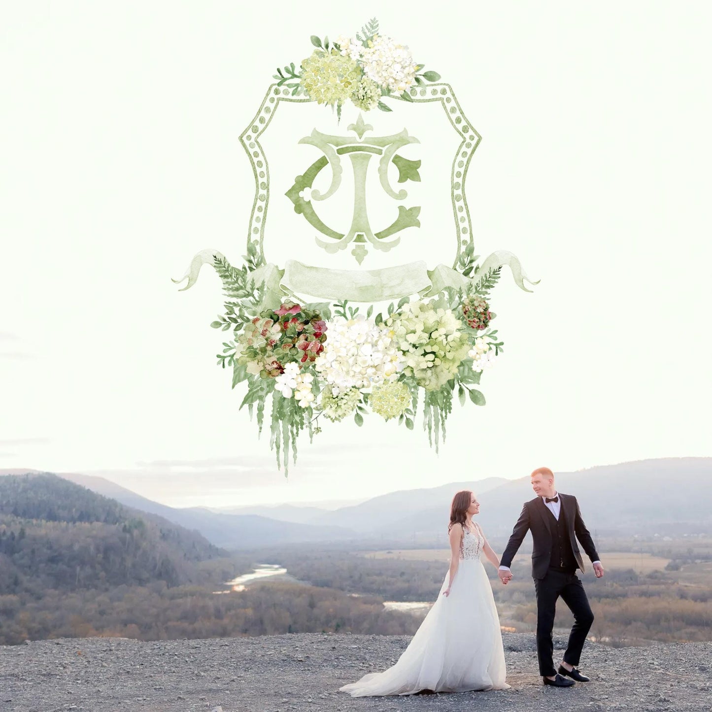 Hydrangea Macrophylla Green Flower Wedding Crest, Monogram Crest, Lush bright Greenery Floral Watercolor Wedding Crest, Hydrangea Crest