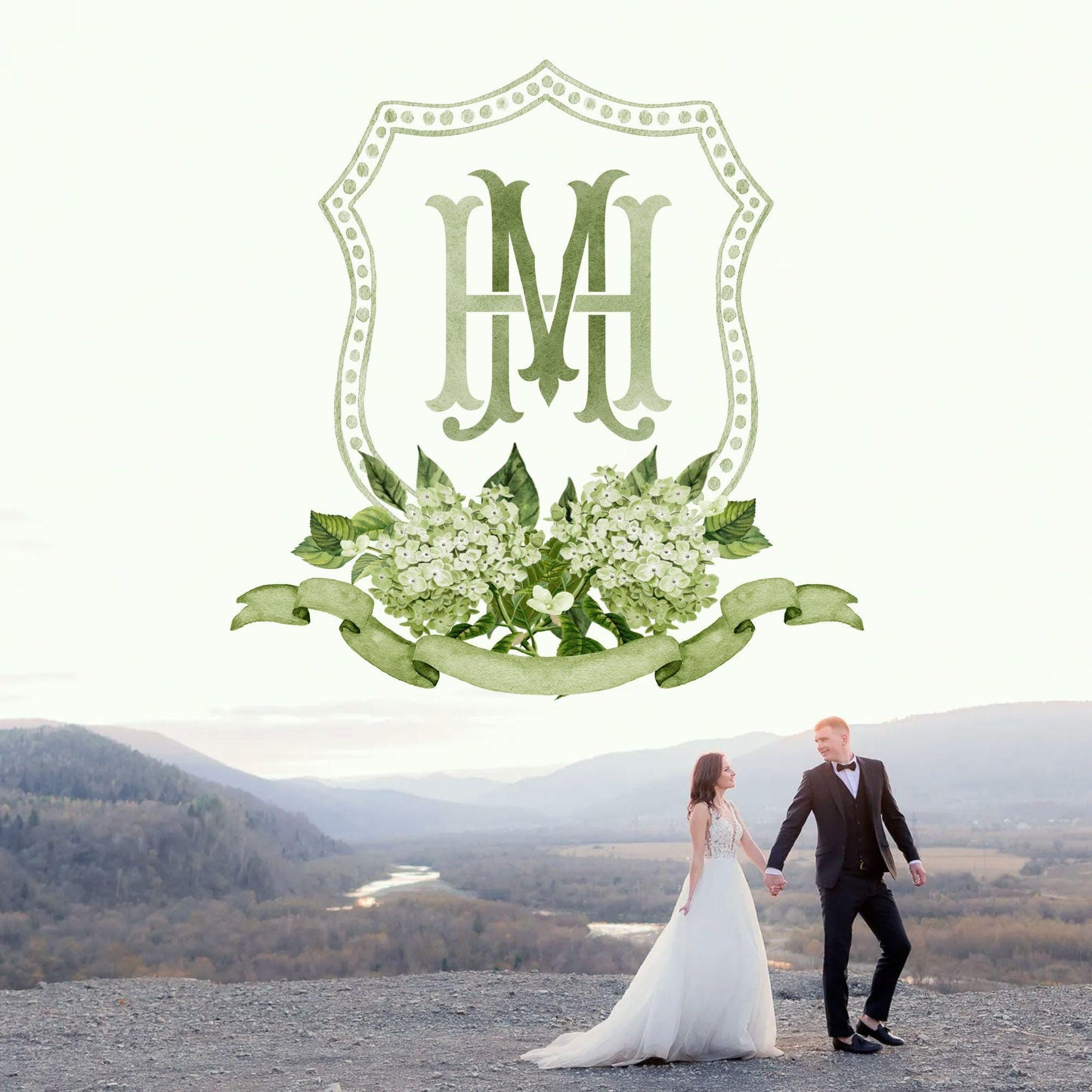 Green Hydrangea Flower Wedding Crest - Monogram Crest - Hydrangea Floral Watercolor Wedding Crest - Romantic Wedding Crest - Boho Hydrangea