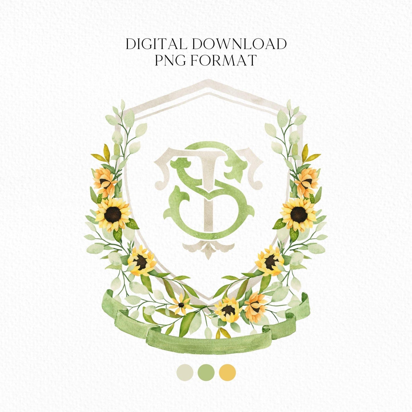 Sunflower Rustic Flower Wedding Crest - Monogram Crest - Sunflower Floral Luxury Watercolor Wedding Crest - Romantic Wedding Crest