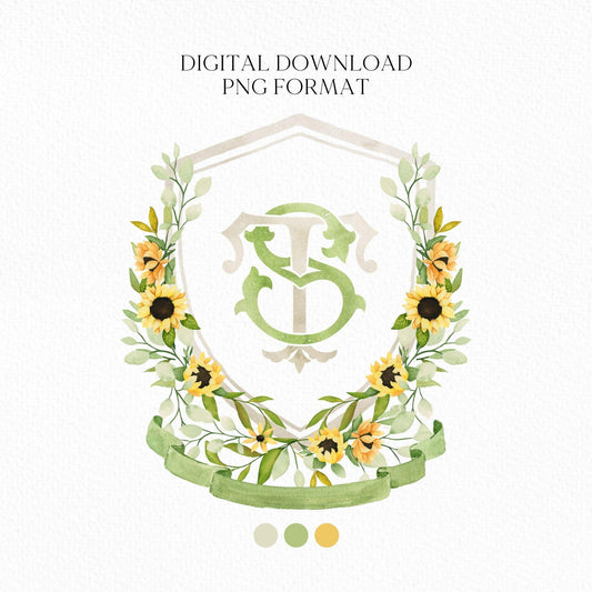 Sunflower Rustic Flower Wedding Crest - Monogram Crest - Sunflower Floral Luxury Watercolor Wedding Crest - Romantic Wedding Crest