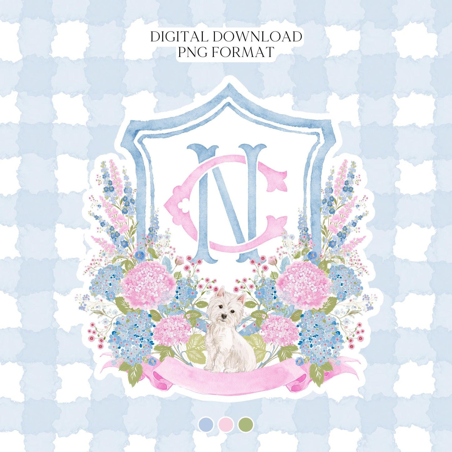 Hydrangea Blue Pink Wedding Family Crest - Light Pink Blue Hydrangea Flower Wedding Crest - Monogram Crest