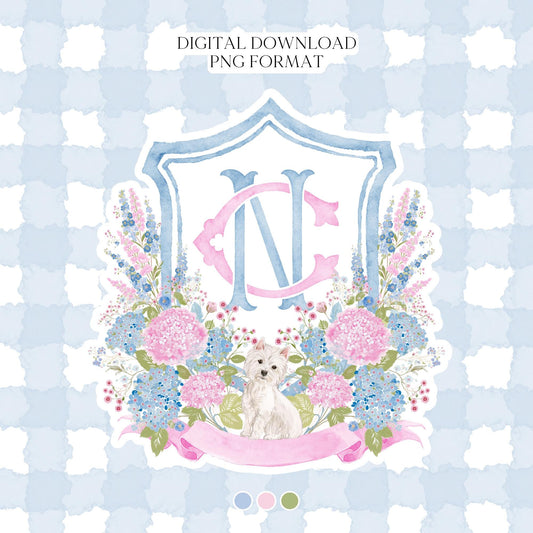 Hydrangea Blue Pink Wedding Family Crest - Light Pink Blue Hydrangea Flower Wedding Crest - Monogram Crest