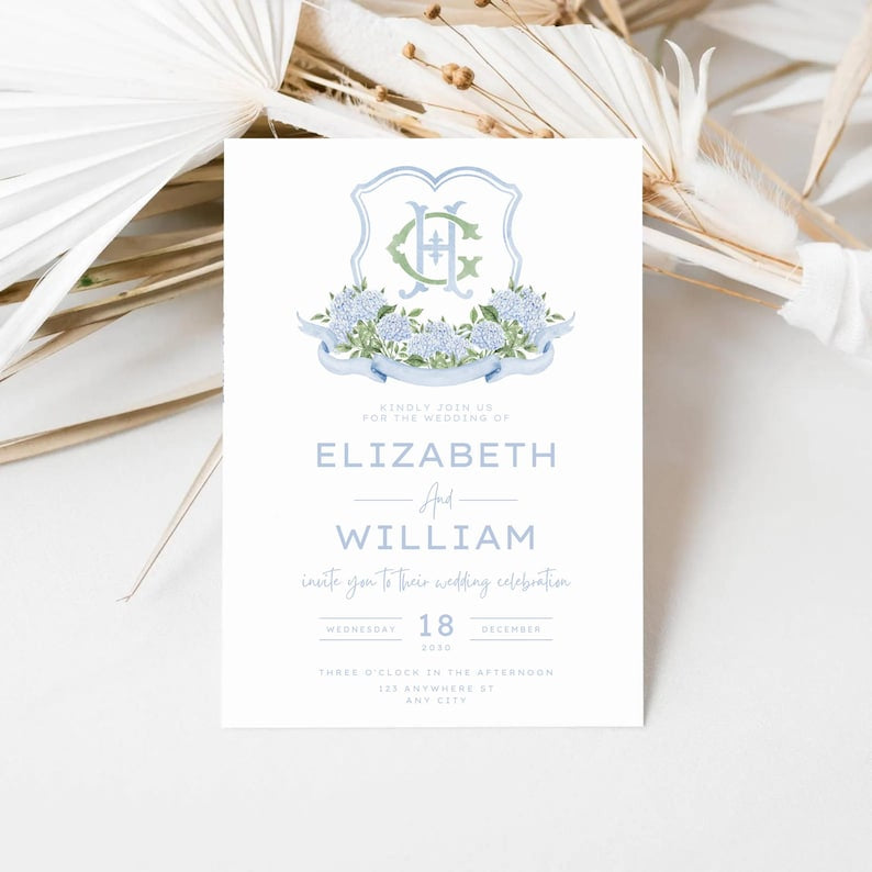 Blue Hydrangea Flower Wedding Crest - Monogram Crest
