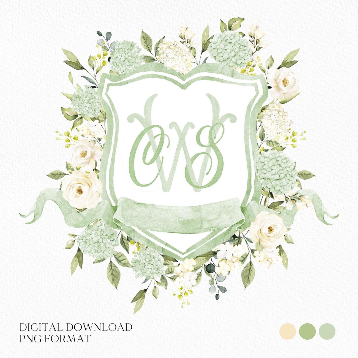 Green Hydrangea Flower Wedding Crest - Monogram Crest - Hydrangea Floral Watercolor Wedding Crest - Romantic Wedding Crest - Boho Hydrangea