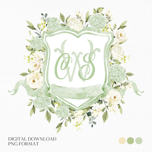 Green Hydrangea Flower Wedding Crest - Monogram Crest - Hydrangea Floral Watercolor Wedding Crest - Romantic Wedding Crest - Boho Hydrangea