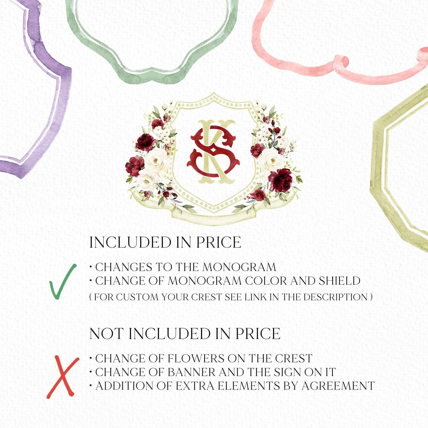 Burgundy and White Floral Wedding Crest - Monogram Crest - Roses White Floral Watercolor Wedding Crest - Romantic Wedding Crest