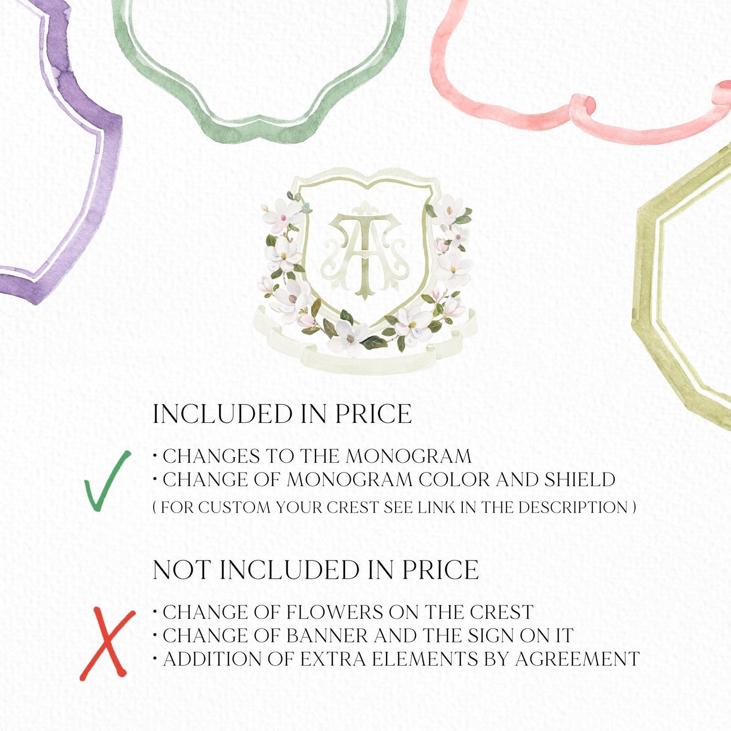 Magnolia Greenery Flower Watercolor Wedding Crest - Monogram Crest - Magnolia Floral Watercolor Wedding Crest - Romantic Wedding Crest