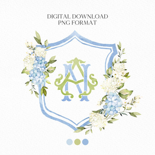 Hydrangea Flower Wedding Crest - Monogram Crest - Hydrangea Floral Luxury Watercolor Wedding Crest - Romantic Wedding Crest- Boho Hydrangea