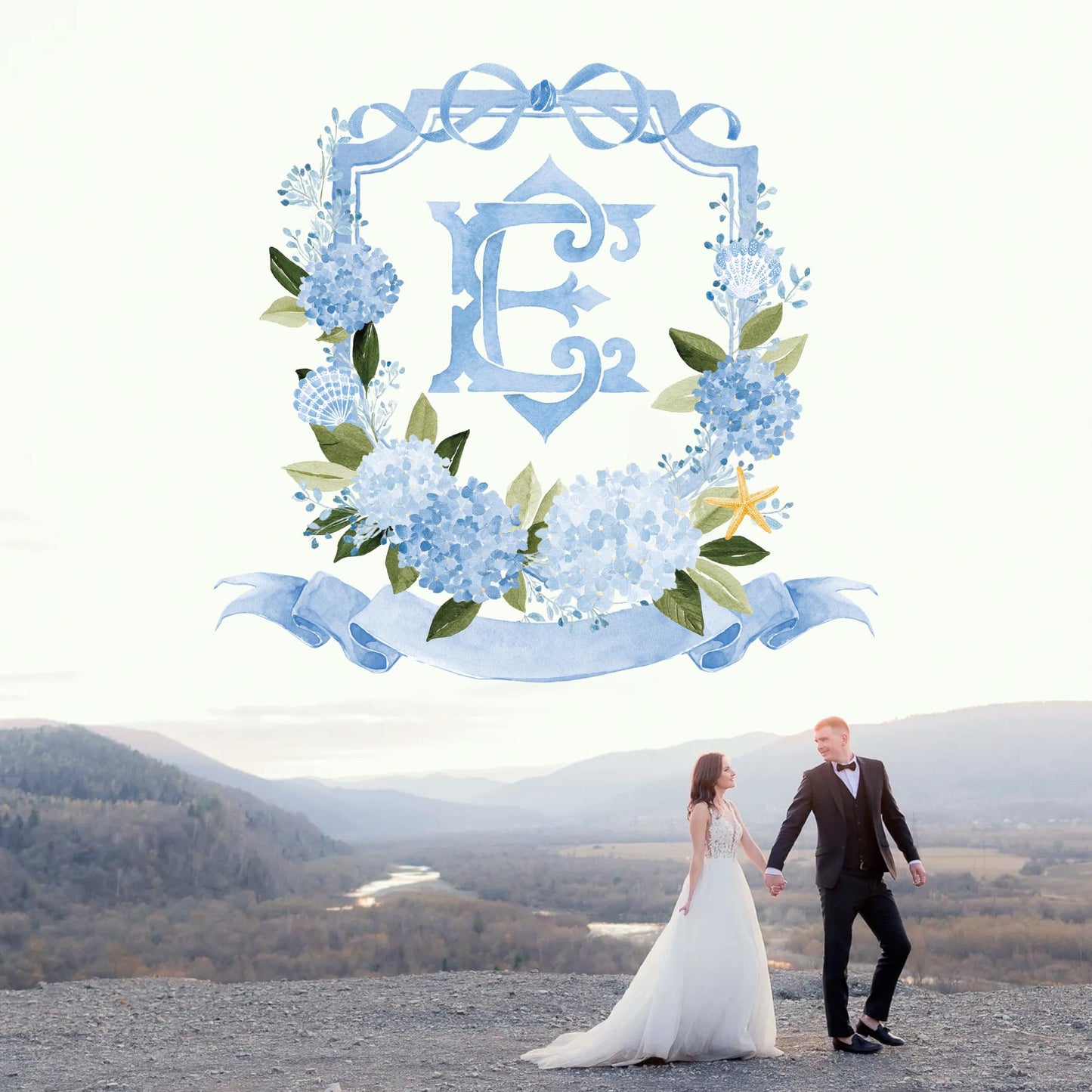 Watercolor Blue Hydrangea Flower Wedding Crest - Monogram Crest - Hydrangea Floral Luxury Watercolor Wedding Crest - Romantic Wedding Crest