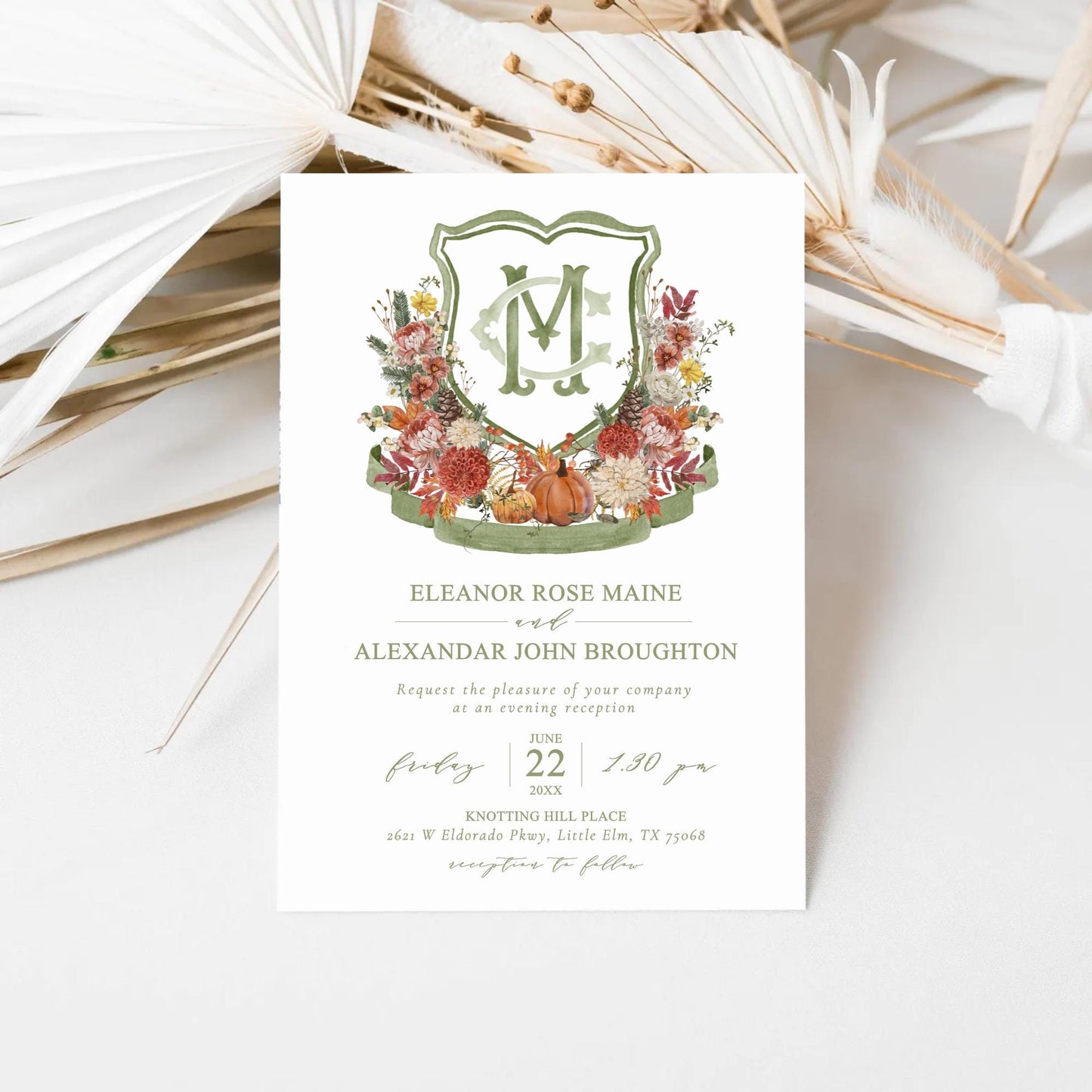 Autumn Watercolor Flower Leaf Wedding Crest - Monogram Crest - Rustic Fall Floral Luxury Watercolor Wedding Crest - Pumpkins Wedding Crest