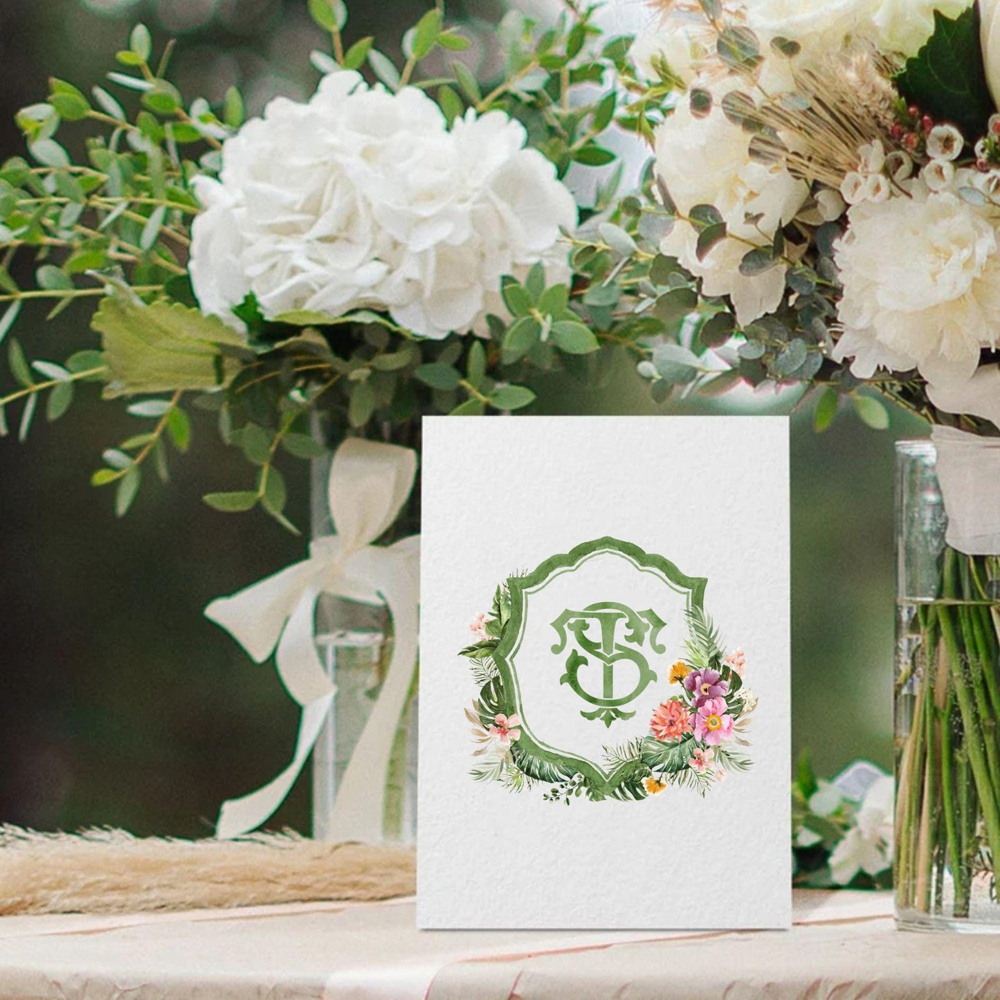 Tropical Watercolor Flowers Wedding Crest - Monogram Crest - Greenery Floral Blue Watercolor Wedding Crest - Romantic Wedding Crest