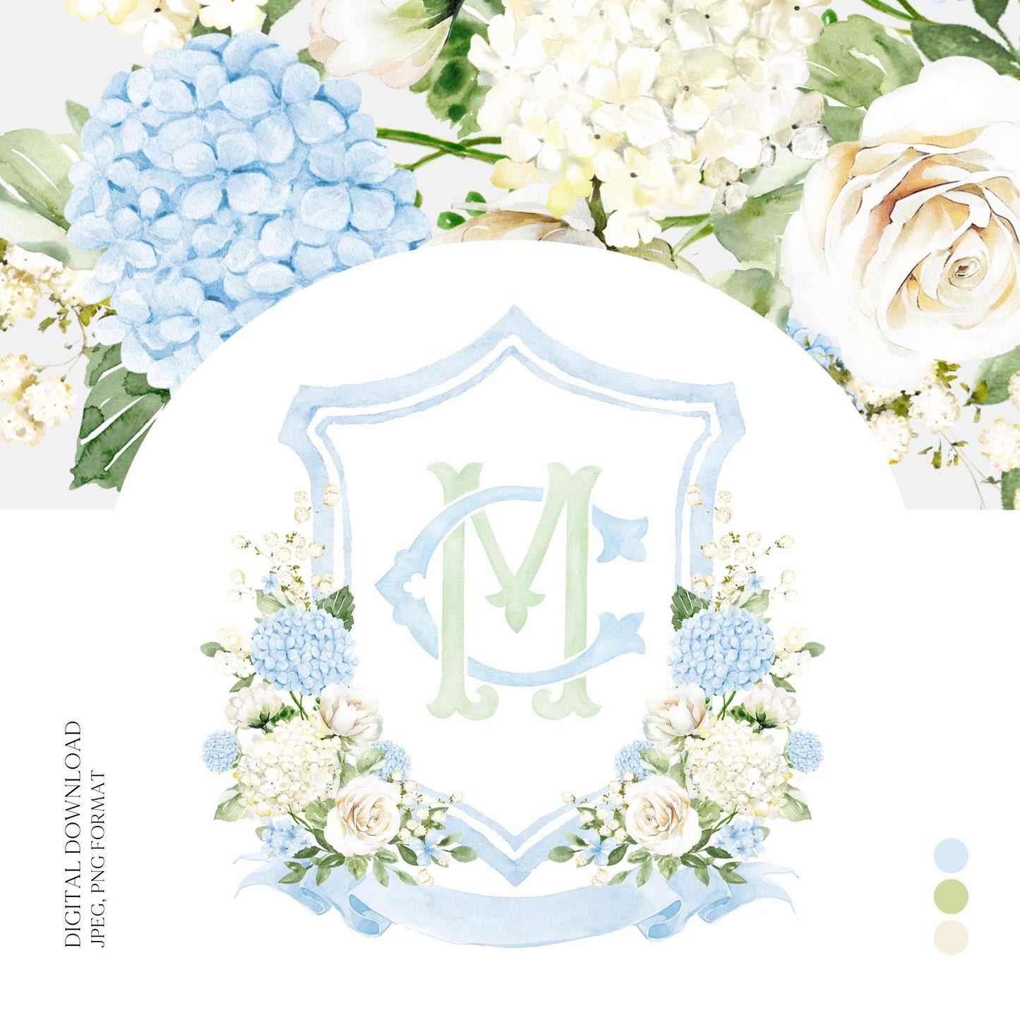 Blue Hydrangea Roses Flower Greenery Wedding Crest - Monogram Crest - White Cream Roses Floral