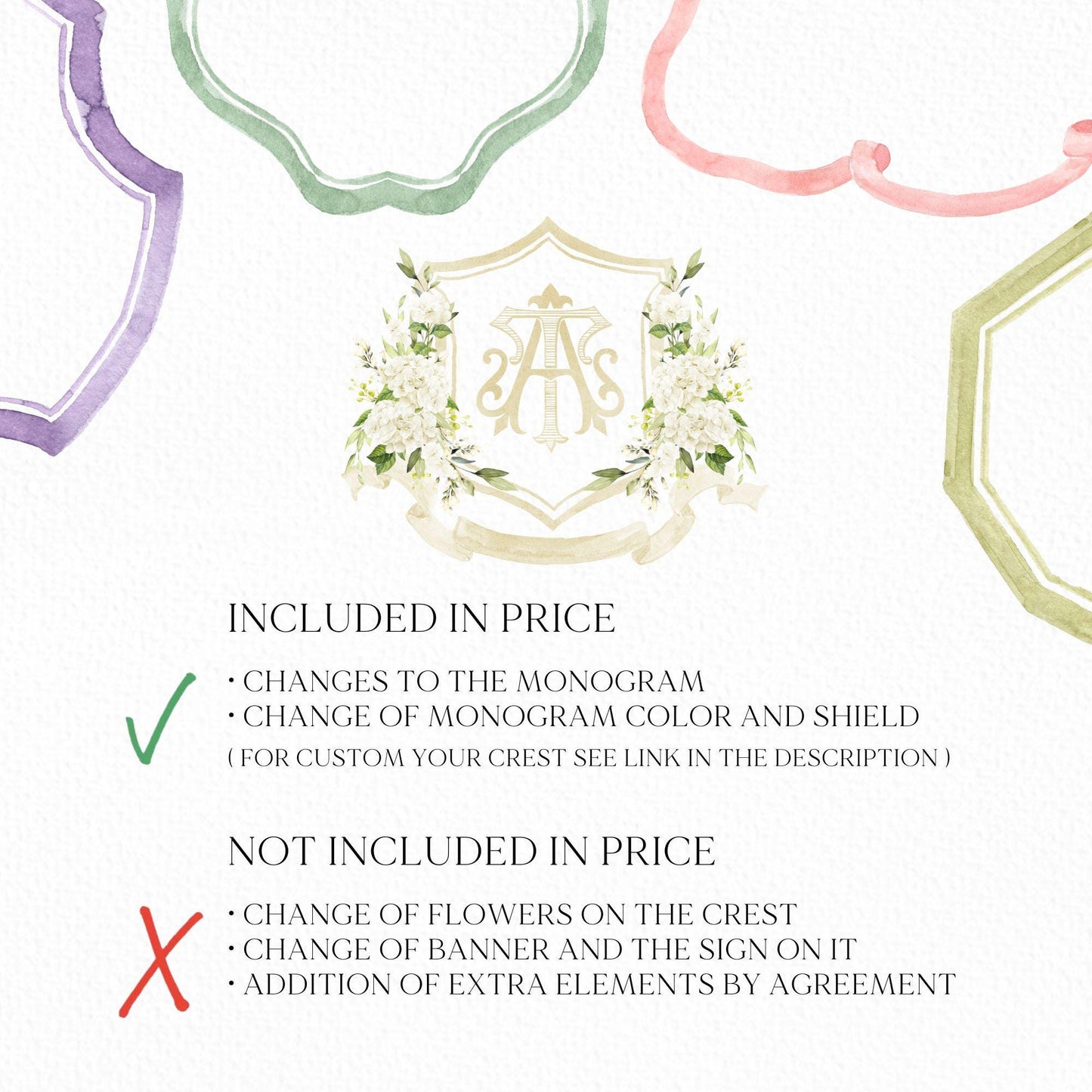 White Hydrangea Flower Wedding Crest - Monogram Crest - Hydrangea Floral Watercolor Wedding Crest - Romantic Wedding Crest - Boho Hydrangea