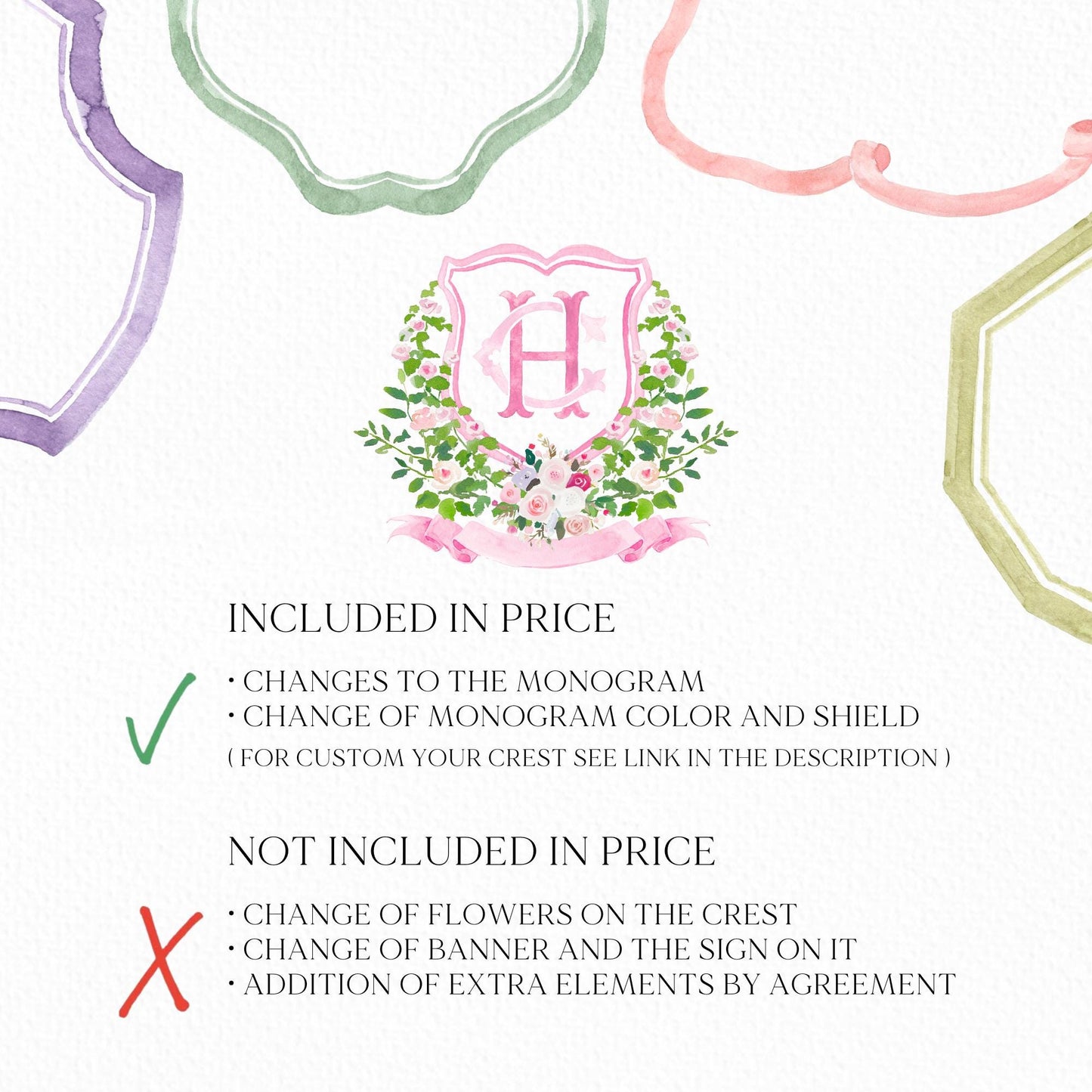 Pastel Roses Pink Greenery Flower Wedding Crest - Monogram Crest - Pink Blush Floral Watercolor Wedding Crest - Romantic Wedding Crest