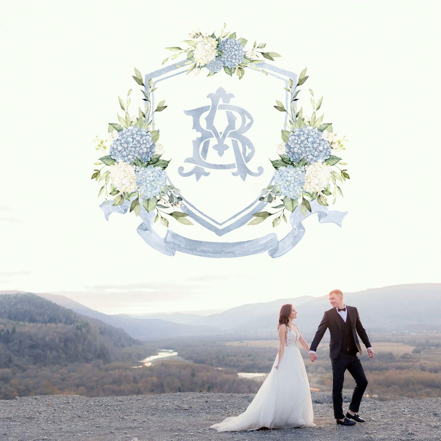 Hydrangea Flower Wedding Crest - Monogram Crest - Hydrangea Floral Luxury Watercolor Wedding Crest - Romantic Wedding Crest- Boho Hydrangea