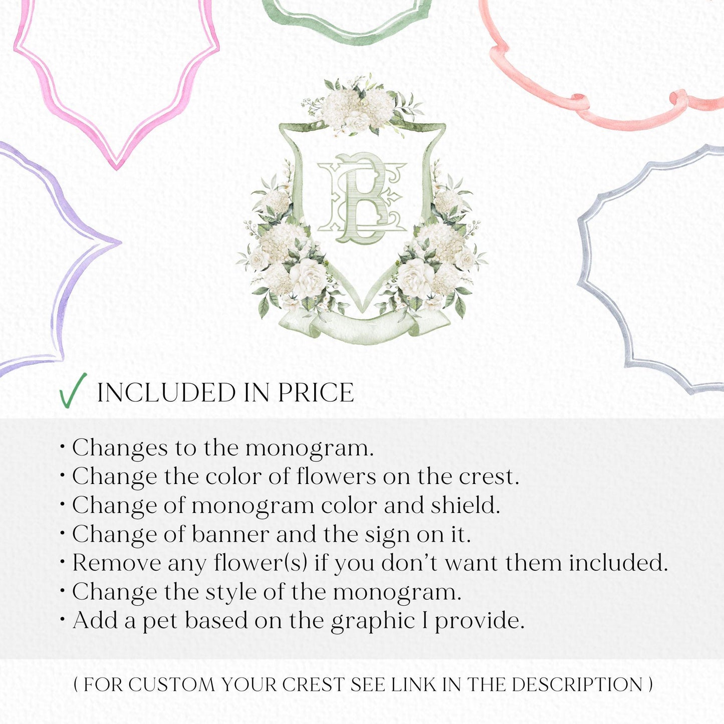 Hydrangea White Rose Greenery Flower Wedding Crest - Monogram Crest - Hydrangea White Floral Watercolor Wedding Crest Romantic Wedding Crest