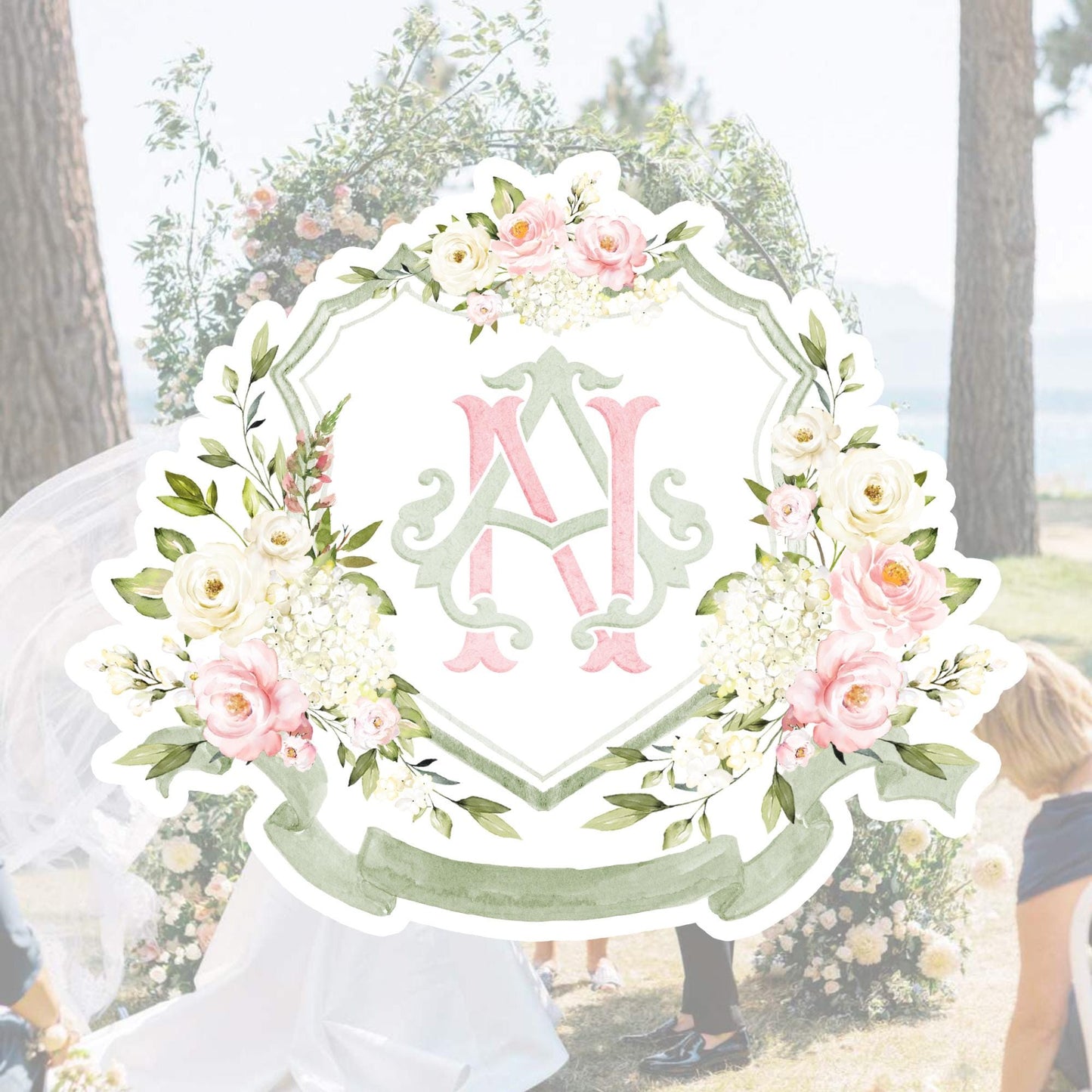 White Roses Hydrangea Flower Wedding Crest - Monogram Crest - Light Roses Floral Luxury Watercolor Wedding Crest - Romantic Wedding Crest