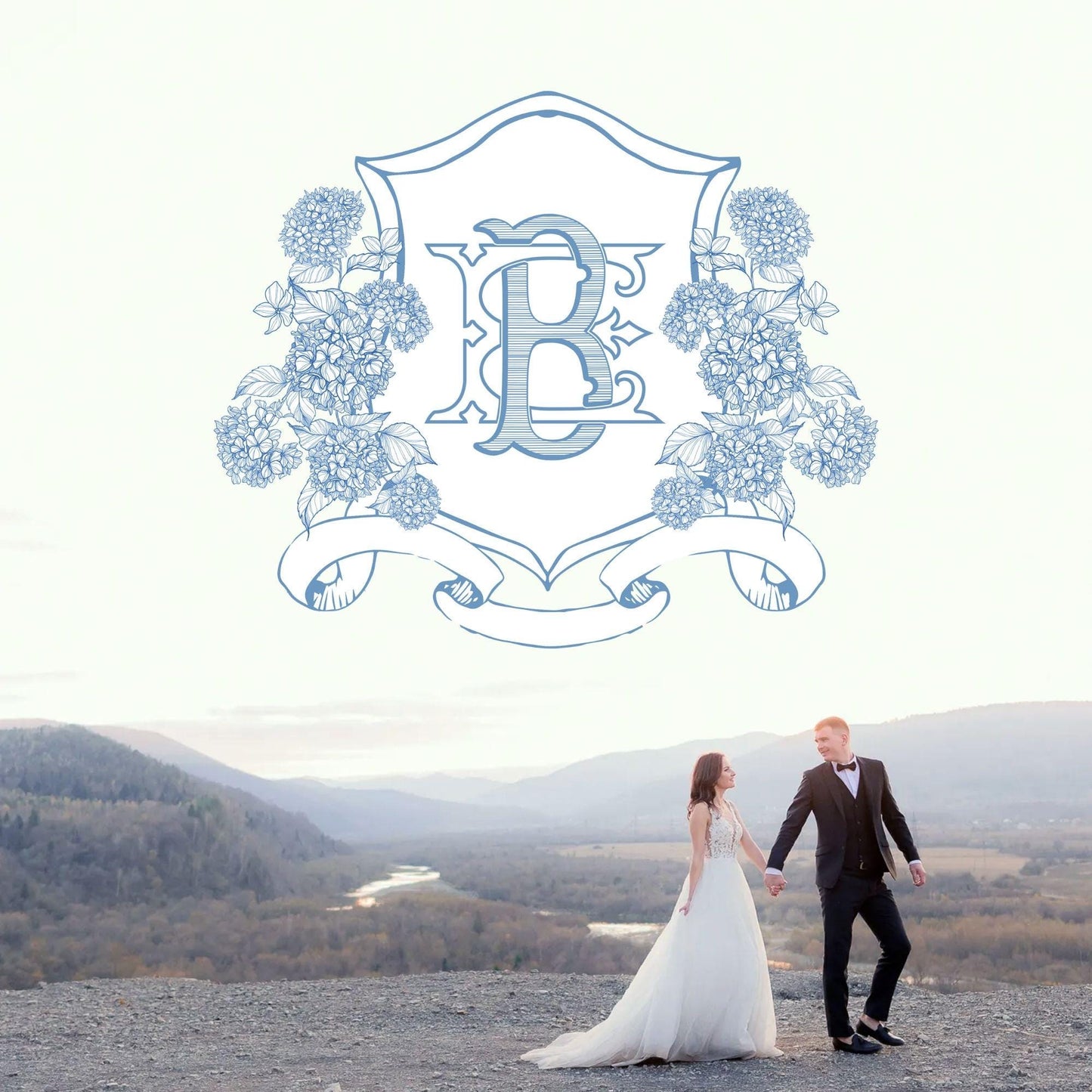 Vintage Hydrangea Flower Wedding Crest - Monogram Crest - Hydrangea Floral Luxury Line art Wedding Crest - Romantic Wedding Crest