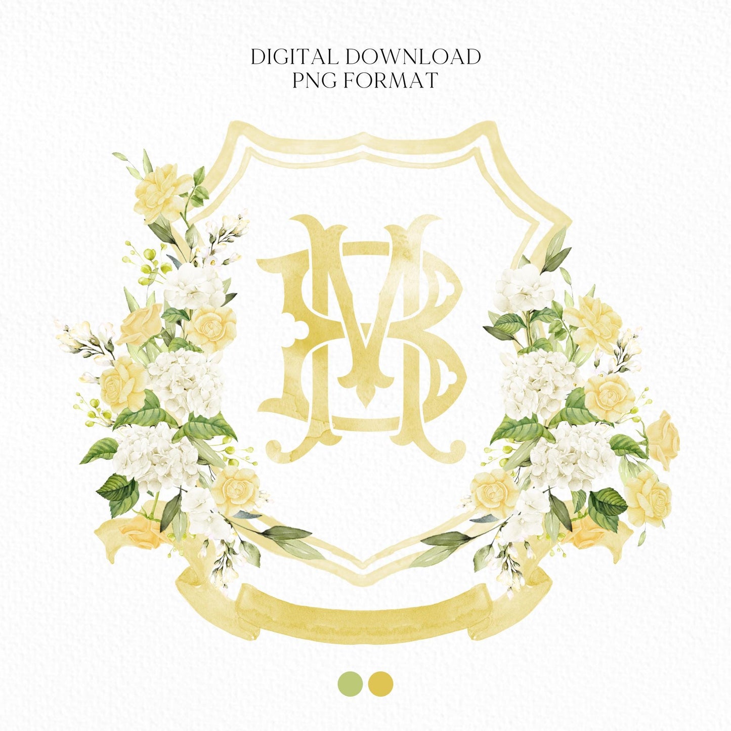 White Hydrangea Yellow Roses Flower Wedding Crest - Monogram Crest - Greenery Floral Luxury Watercolor Wedding Crest