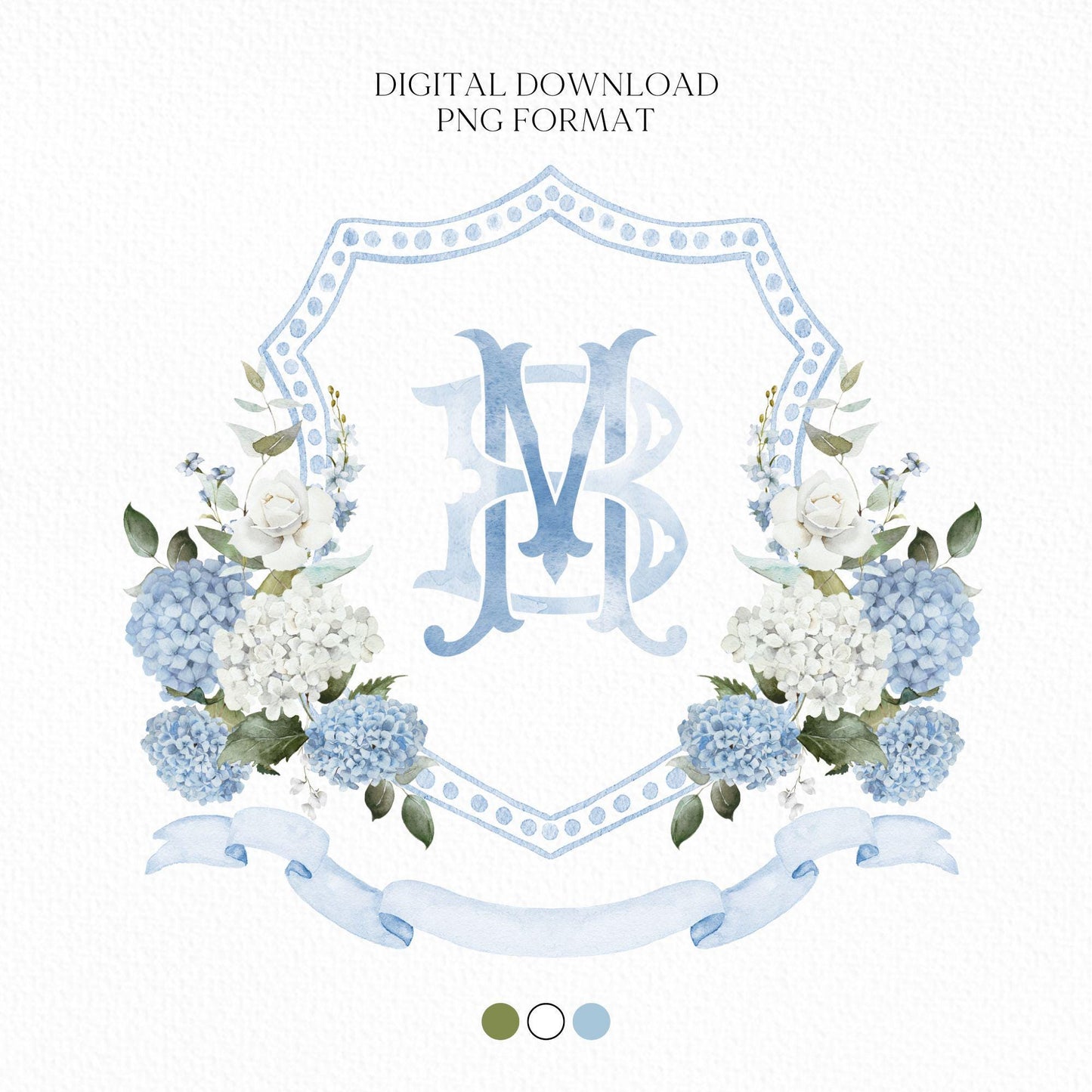Blue White Hydrangea Flower Wedding Crest - Monogram Crest - Hydrangea Floral Luxury Watercolor Wedding Crest - Romantic Wedding Crest