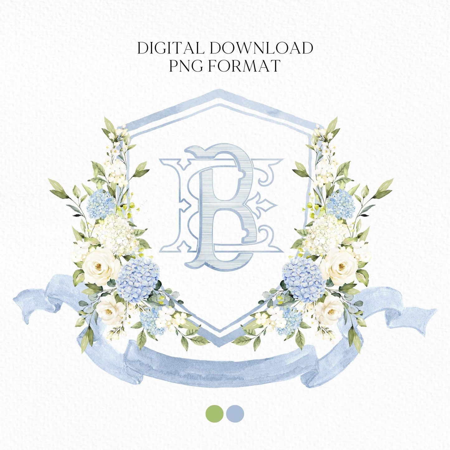 White Roses Hydrangea Flower Wedding Crest - Monogram Crest - Hydrangea Floral Luxury Watercolor Wedding Crest - Romantic Wedding Crest