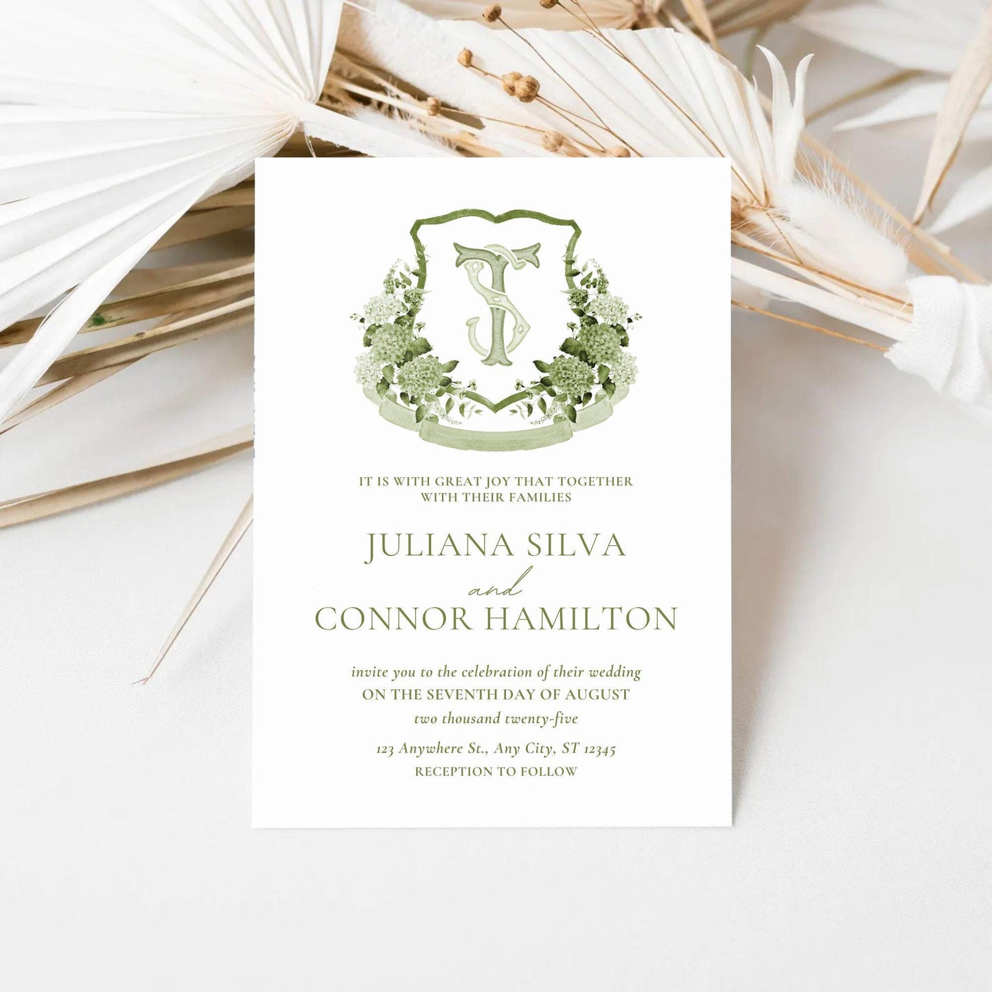 Green Hydrangea Flower Wedding Crest - Monogram Crest - Hydrangea Floral Watercolor Wedding Crest - Romantic Wedding Crest - Boho Hydrangea